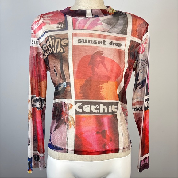 Tokyo Talkies Urban Tops - Tokyo Talkies Vintage Y2K Mesh Top Sunset Drop Postcard Newspaper Print M